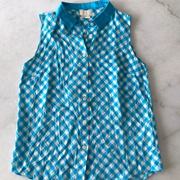Kate Spade turquoise blue & white gingham button down blouse / shirt, silk blend - Picture 1 of 6
